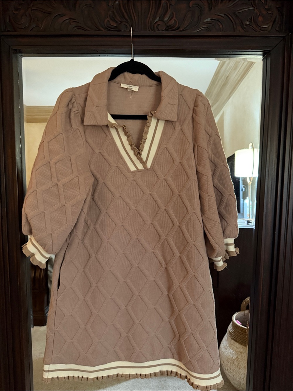 entro Taupe Diamond-Knit Polo Midi Dress with Cream Trim